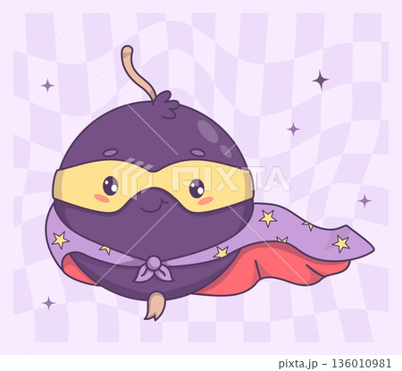 Super Hero Blackcurrant. Cute Kawaii Berry Currant Mascot with Cape and Mask for Power. Vector illustration Funny Courage Character on Retro Grove Checkered Background. Kids Collection Super Hero Blackcurrant. Cute Kawaii Berry Currant Mascot with Cape and Mask for Power. Vector illustration Funny Courage Character on Retro Grove Checkered Background. Kids Collection 136010981