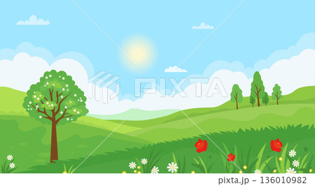 Sunny Spring landscape with flowering tree, hills and blooming Red Poppy and White Flowers. Seasonal Nature poster. Minimal springtime flat horizontal background. Vector illustration. Not AI 136010982