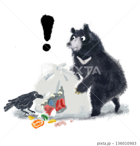 ツキノワグマの注意喚起イラスト　黒のビックリマーク　危険・警戒サイン 136010983