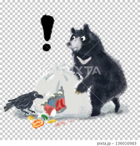 ツキノワグマの注意喚起イラスト　黒のビックリマーク　危険・警戒サイン 136010983