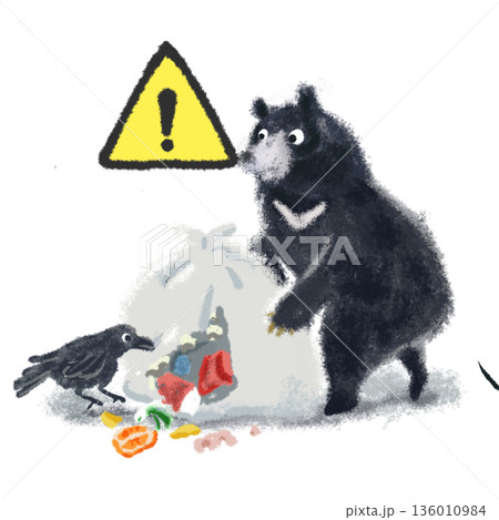 ツキノワグマの注意喚起イラスト　黄色三角の警告マーク　ごみ荒らし・危険注意 136010984