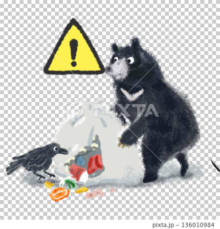 ツキノワグマの注意喚起イラスト　黄色三角の警告マーク　ごみ荒らし・危険注意 136010984