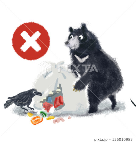 ツキノワグマとカラスのごみ荒らし注意イラスト｜被害防止・注意喚起 136010985