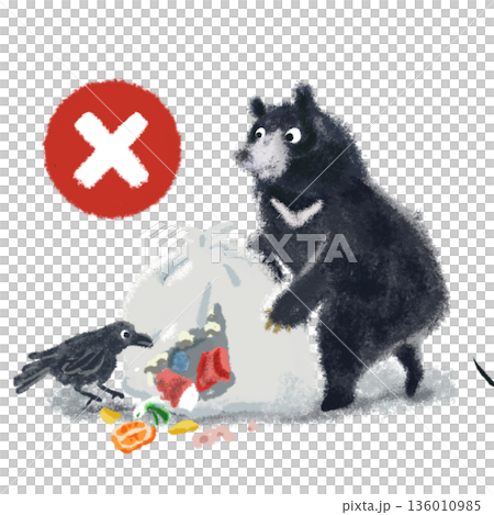 ツキノワグマとカラスのごみ荒らし注意イラスト｜被害防止・注意喚起 136010985