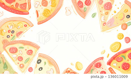 多彩なピザスライスが円を描くリース状の装飾イラスト 136011009