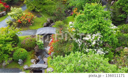 Aerial view on topiary: pruned plants and houses in Japanese style in distance in Odense Japanese garden and red Aerial view on topiary: pruned plants and houses in Japanese style in distance in Odense Japanese garden and red 136011171