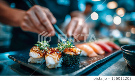 Chef hands plating sushi with tweezers on a black slate plate in a modern restaurant kitchen 136011202