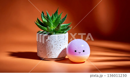 Minimal still life with succulent plant and cute smiling decorative object, playful modern interior and wellbeing concept 136011230