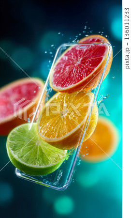 Modern smartphone with floating citrus slices and water splash on teal bokeh background 136011233