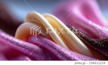 Luxury abstract satin fabric waves with glossy highlights, soft lens flare, and minimal elegant background 136011234