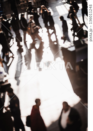 Abstract blurred people at exhibition hall of expo event trade show. Business convention show or job fair. Business concept background 136011248