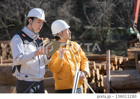 林業など第一次産業で働く人複数の人　ノギスで丸太を測る、不動産の建材材料のメージ笑顔 136011280