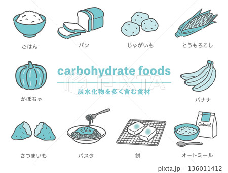 炭水化物を多く含む食材のイラストセット（ごはん・パン・麺・芋類） 136011412