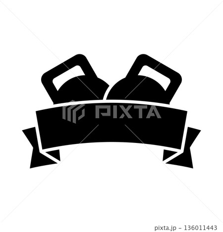 Gym logo. Emblem for fitness. Kettlebells with ribbon banner. Black silhouette. Isolated vector illustration on white background. 136011443
