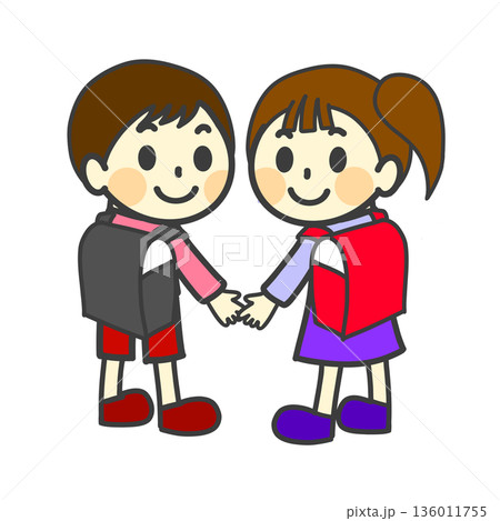 ランドセルを背負った新一年生の男の子と女の子のイラスト ランドセルを背負った新一年生の男の子と女の子のイラスト 136011755