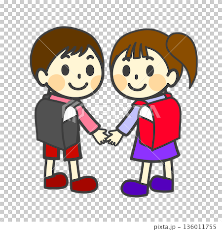 ランドセルを背負った新一年生の男の子と女の子のイラスト ランドセルを背負った新一年生の男の子と女の子のイラスト 136011755