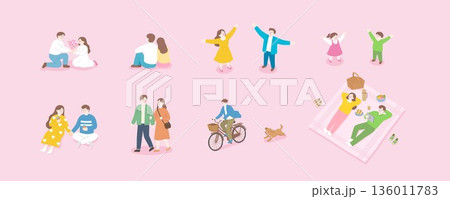Spring couple and family picnic outdoor activity illustration set Spring couple and family picnic outdoor activity illustration set 136011783