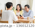 リビングでスマホをみんなで見る家族 136012120