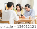 リビングでスマホをみんなで見る家族 136012121
