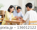 リビングでスマホをみんなで見る家族 136012122
