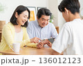 リビングでスマホをみんなで見る家族 136012123