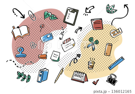 手描き風のカラフルな文房具とオフィス用品のイラスト素材 136012165