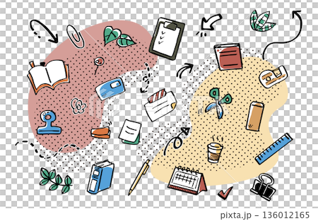 手描き風のカラフルな文房具とオフィス用品のイラスト素材 136012165