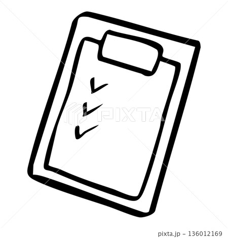 チェックリスト付きクリップボードの手描き線画イラスト素材 136012169