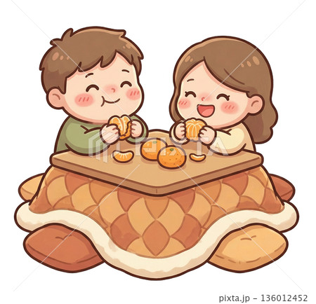 コタツで仲良くみかんを食べるカップル 136012452