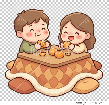 コタツで仲良くみかんを食べるカップル 136012452