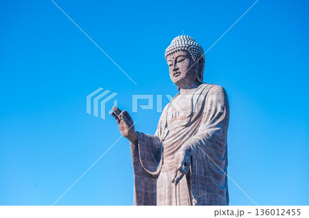 青空に立つ大仏像 静寂と祈りを象徴する仏教イメージ 青空に立つ大仏像 静寂と祈りを象徴する仏教イメージ 136012455