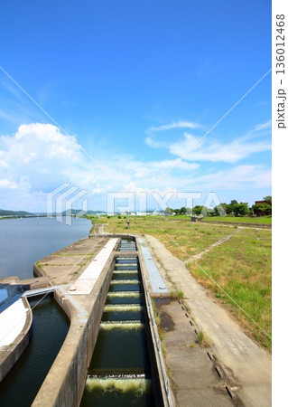 晴れ渡る空と川の給水場所 136012468