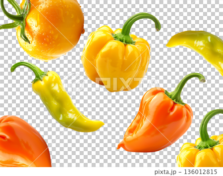 Fresh yellow and orange peppers with a dewy yellow tomato, isolated on white background, concept of healthy organic food 136012815