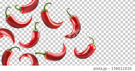 Red chili peppers arranged, isolated on white background, concept of spicy cooking ingredient 136012816