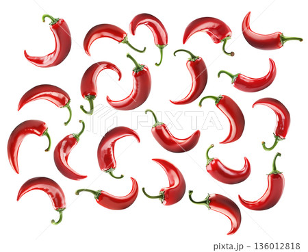 Red chili peppers arranged, isolated on white background, concept of spicy cooking ingredient 136012818
