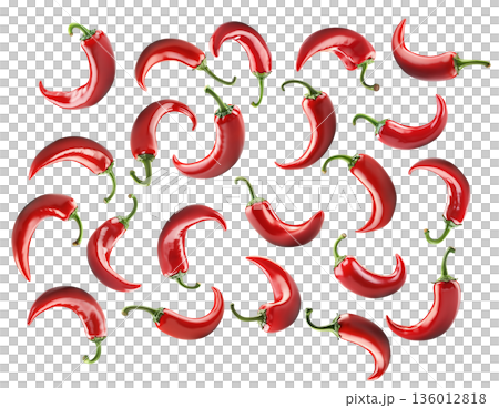 Red chili peppers arranged, isolated on white background, concept of spicy cooking ingredient 136012818