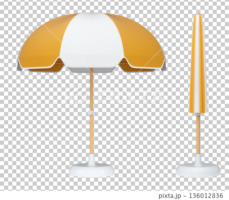 Set of striped beach umbrellas for summer getaways isolated on white background. Set of striped beach umbrellas for summer getaways isolated on white background. 136012836