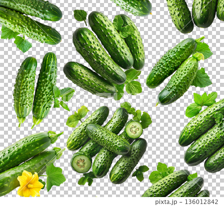 Fresh whole cucumbers with green mint leaves isolated on white background, creating a seamless natural food pattern concept Fresh whole cucumbers with green mint leaves isolated on white background, creating a seamless natural food pattern concept 136012842