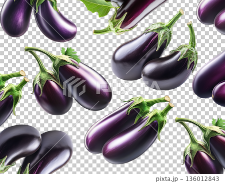 Multiple striped eggplants with glossy skins and green leaves isolated on white background Multiple striped eggplants with glossy skins and green leaves isolated on white background 136012843