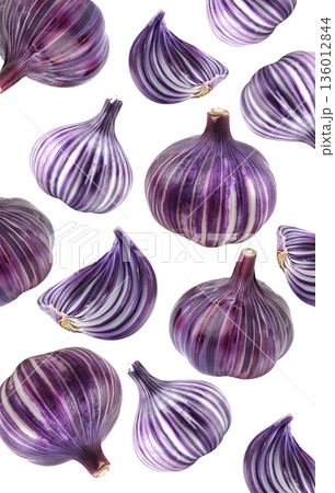 Multiple striped purple onions and slices isolated on white background, food concept emphasizing color and texture Multiple striped purple onions and slices isolated on white background, food concept emphasizing color and texture 136012844