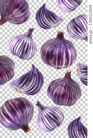 Multiple striped purple onions and slices isolated on white background, food concept emphasizing color and texture Multiple striped purple onions and slices isolated on white background, food concept emphasizing color and texture 136012844