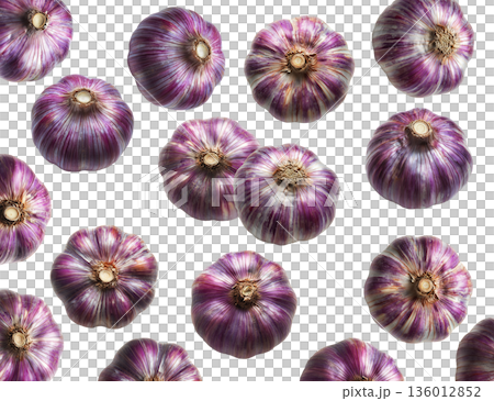 Whole purple garlic bulbs arranged in a scattered seamless pattern, isolated on white background, concept of organic food 136012852