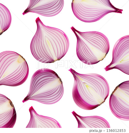 Halved red onions arranged in a seamless pattern, isolated on a white background, concept of fresh vegetable texture Halved red onions arranged in a seamless pattern, isolated on a white background, concept of fresh vegetable texture 136012853