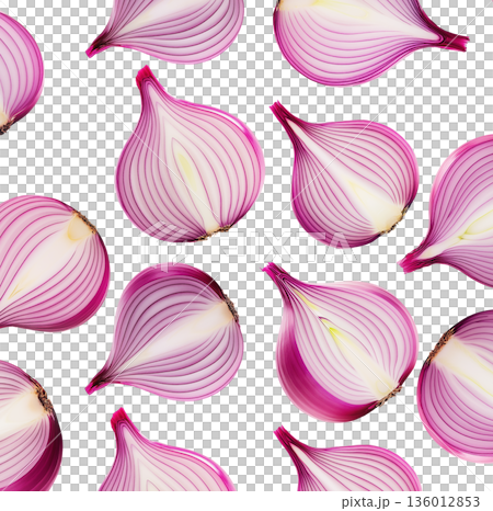 Halved red onions arranged in a seamless pattern, isolated on a white background, concept of fresh vegetable texture Halved red onions arranged in a seamless pattern, isolated on a white background, concept of fresh vegetable texture 136012853