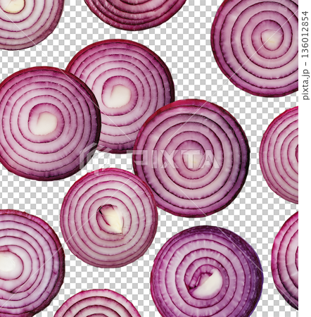 Halved red onions arranged in a seamless pattern, isolated on a white background, concept of fresh vegetable texture Halved red onions arranged in a seamless pattern, isolated on a white background, concept of fresh vegetable texture 136012854