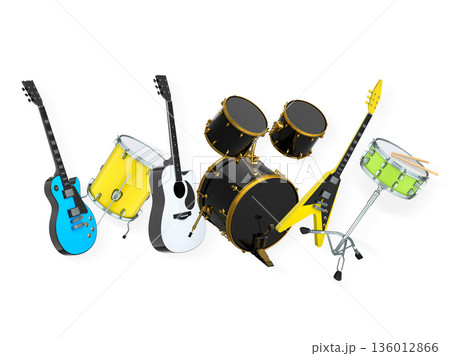 Set of electric acoustic guitars and drums with cymbals on white background 136012866