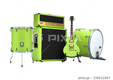 Set of electric acoustic guitars and drums with cymbals on white background 136012867