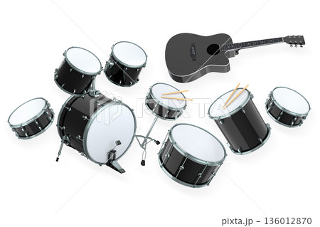 Set of electric acoustic guitars and drums with cymbals on white background 136012870