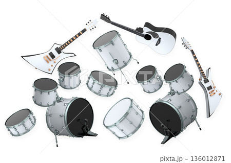 Set of electric acoustic guitars and drums with cymbals on white background 136012871