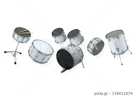 Set of drums and drumset with metal cymbals on white background 136012874
